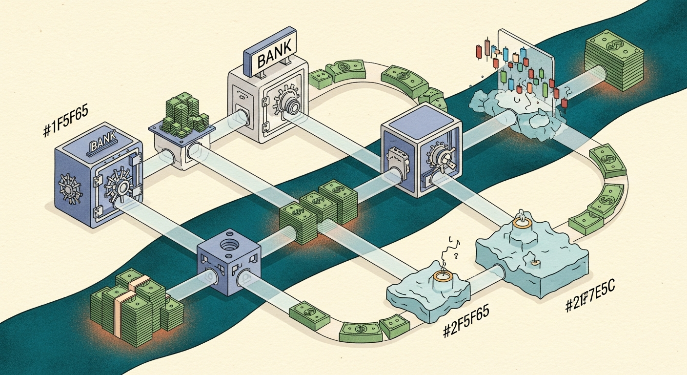 Editorial isometric illustration of money as a closed-loop river system — bank vaults connected by translucent pipes to stock exchanges and treasury bonds.