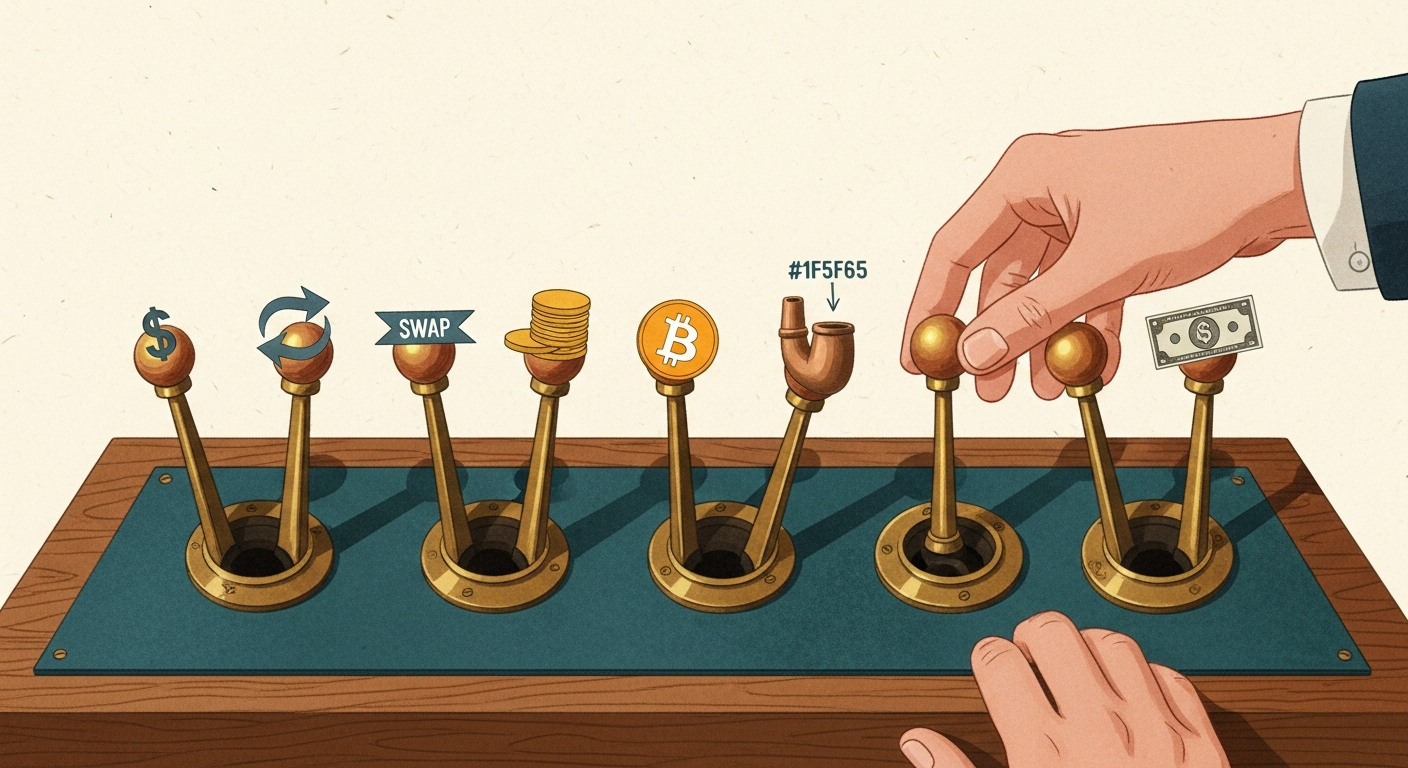 Editorial illustration of a hand pulling levers on an old-fashioned wooden control panel, each labeled with abstract financial symbols.