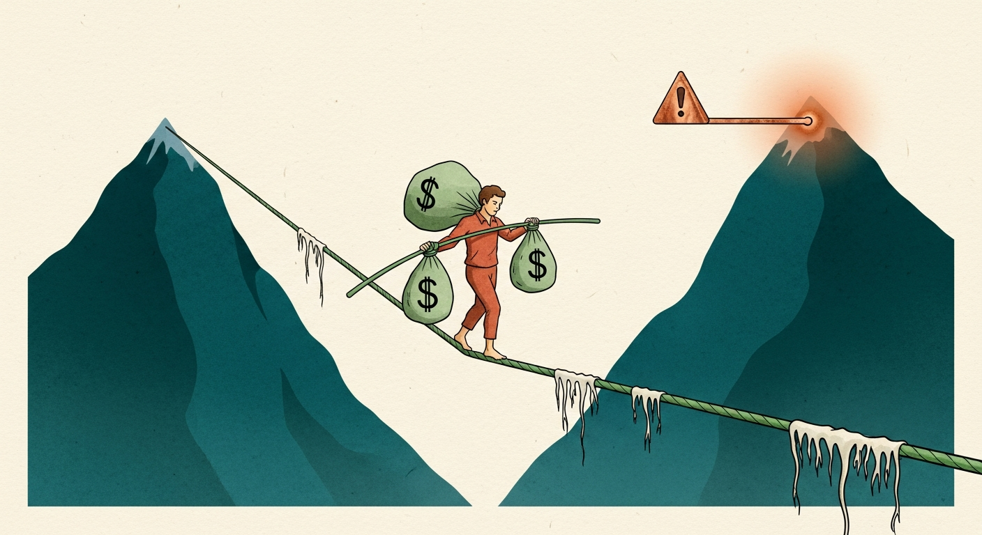 Editorial illustration of a tightrope walker carrying two heavy currency-marked bags on a fraying green rope between two distant teal mountains, with an oxidized copper warning glow on the horizon.